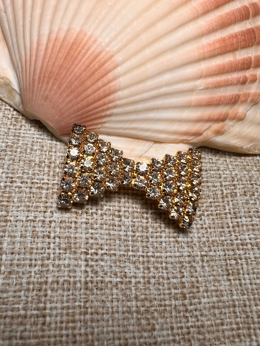 Small Gold Vintage Rhinestone Bow Brooch with Clear Crystals